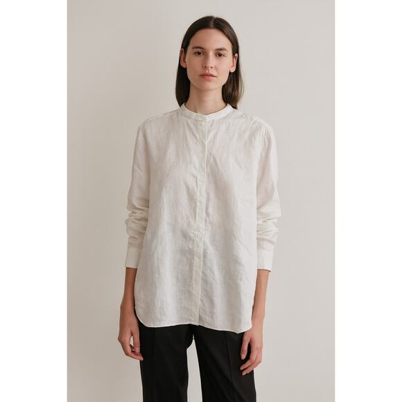 Majestic Filatures White Linen LongSleeve Button Down Mandarin Collar Top Size 2 - Picture 1 of 7
